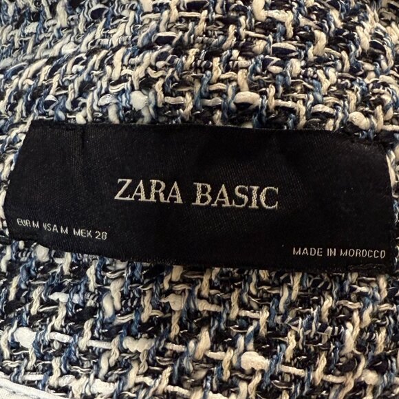 NWOT ZARA Blue White Tweed Knit Jacket, Tassel Trim, Frayed Hem, Size M - Picture 4 of 5